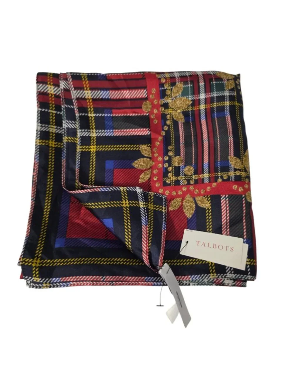 Talbots 100% Silk Square Scarf Plaid Tartan Chain NWT Red Blue Gold Equestrian